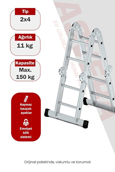 ASVERA 2.7 Metre Çok Amaçlı Akrobat Merdiven - 8 Basamaklı 4x2 Katlanır Profe...