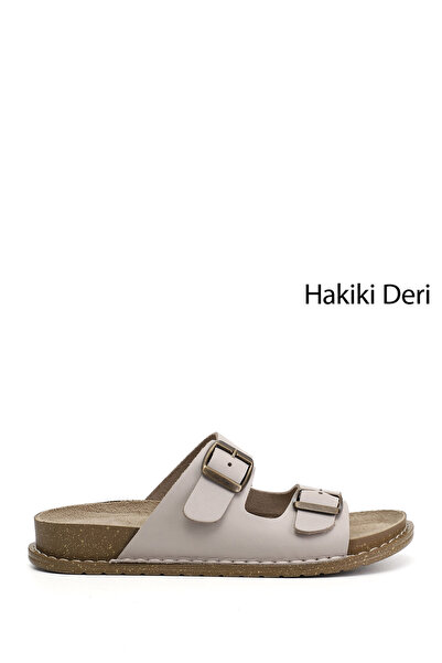 GÖNDERİ(R) Women's Beige Double Buckle Genuine Leather Slippers