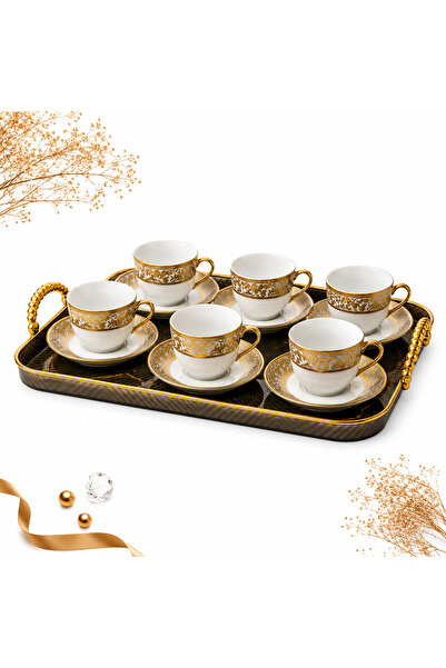 Nu Set cesti cafea ceramica cu farfurioare, 12 piese, alb cu auriu, pentru 6 ...