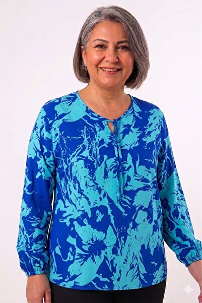 elma abone Plus Size Patterned Viscose Lace-Up Short Shirt Blouse