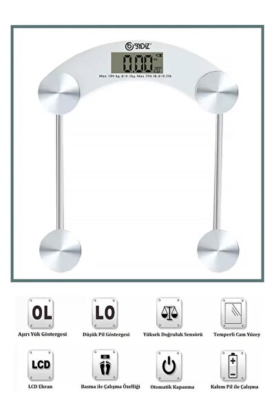 bydiz By-002 Dijital Baskül Lcd Ekran Banyo Tartısı 180 Kg Kapasiteli Temperli Cam Tartı (KARE)