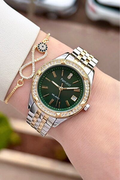 Ferrucci Dial Green Cord Gold Metallic Color 34 mm Women Wrist Watch and Brac...