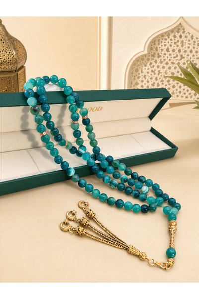MAJOOD MAJOOD/99 Real Peacock Blue-Green Textured Agate Prayer Beads/Tasbih/8MM/For Men And Women