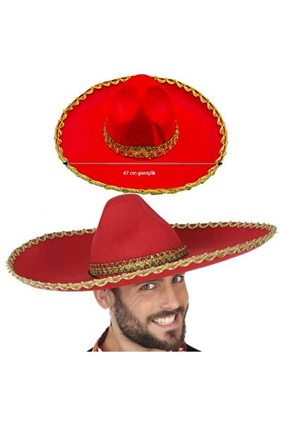 partidolu Kırmızı Renk Keçe Kumaş Meksikalı Latin Mariachi Şapkası Altın Şeri...