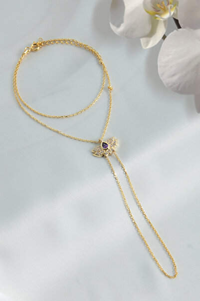 SARIASLAN 925 Ayar Gümüş Ametist Taşlı Lotus Şahmeran Bileklik 14 Gold Renk