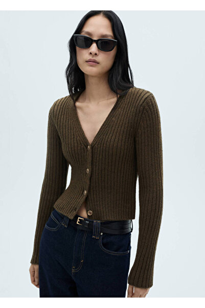 MANGO Woman Cardigan cu coaste cu decolteu în V
