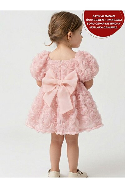 aysskids Rosa Güllü Kabarık Doğum Günü ve Özel Gün Kız Çocuk Bebek Elbisesi