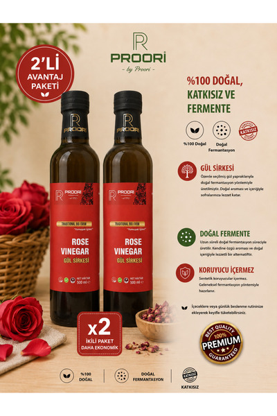 Proori Gül Sirkesi Içilebilir Doğal Fermente Canlı Sirke 500 ml 2'li Paket (1...