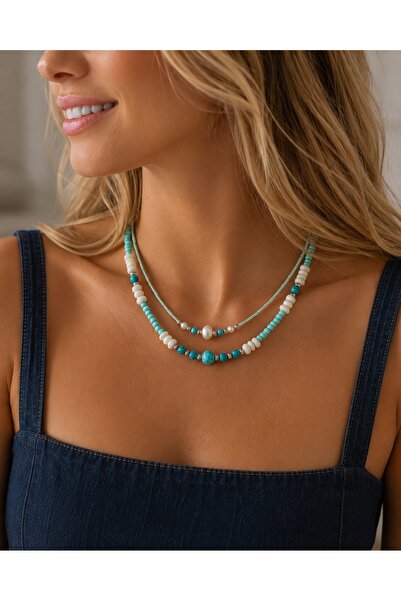 LeylanTakı Women's 2-Piece Blue Combination Necklace Handmade Bijouterie Gift...