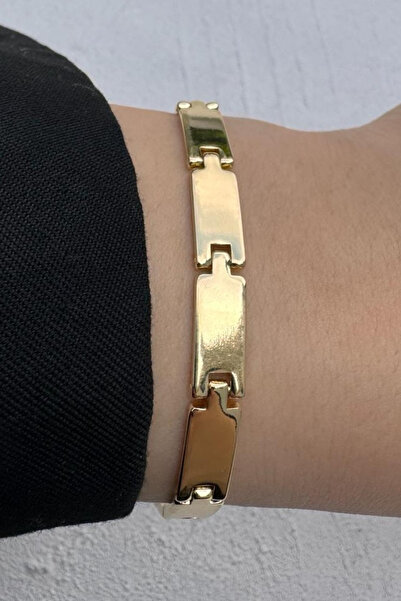Leo'Stone Gold Dikdörtgen Link Minimal Plaka Tasarım Kadın Çelik Bileklik Altın Kararmaz Renk Atmaz