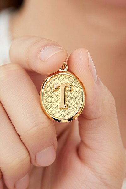 UKBA GOLD 14 Ayar Altın Vintage Oval Harf Kolye Ucu ( T Harfi )