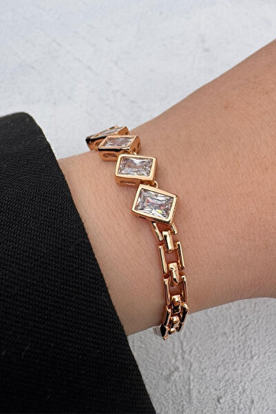 Leo'Stone Rose Gold Baget Taş Detaylı Zarif Zincir Kadın Çelik Bileklik Kararmaz Renk Atmaz