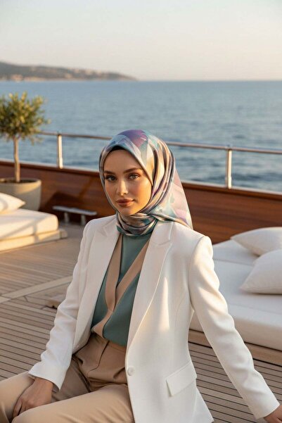 Vissona %100 Twill İpek Çiçek Desenli Mint Yeşili - Lila Renkli 90x90 Eşarp D...