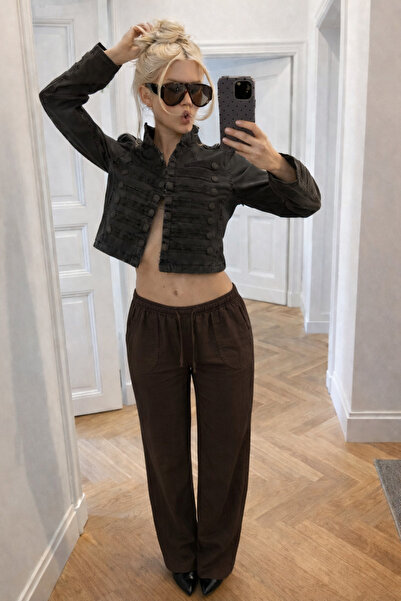 DAMGA JEANS Γυναικείο Παντελόνι Τάσης με Χαμηλή Μέση, Φαρδύ, Καφέ Λινό
