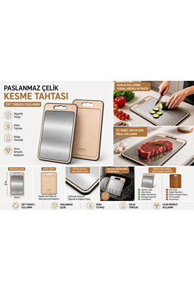 ookico 304 Paslanmaz Çelik ve PP Yüzey Kesme Tahtası & BIÇAK BİLEME HEDİYELİ