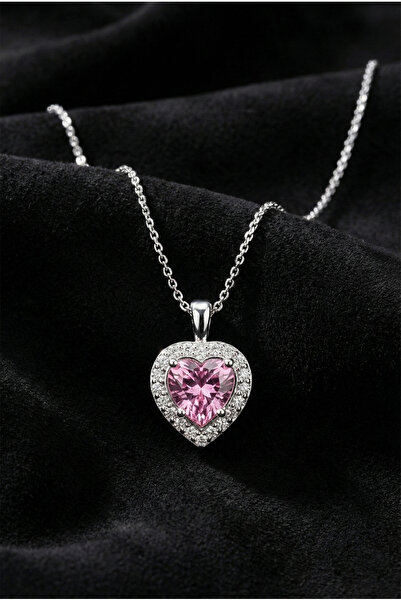 Roza Silver 925 Ayar Pembe Taşlı Rodyum Pırlanta Görünümlü Kalp Gümüş Kolye
