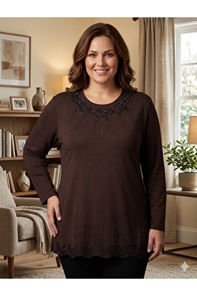 elma abone Plus Size Mother's Embroidered Stone-Decorated Combed Cotton Blouse