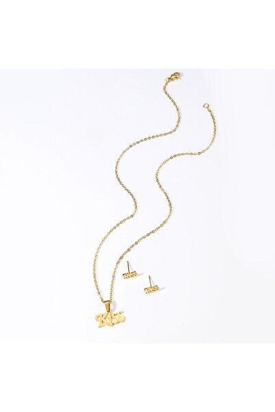 OEM Set colier și cercei cu mesaj „Kiss”, placat cu aur 18K