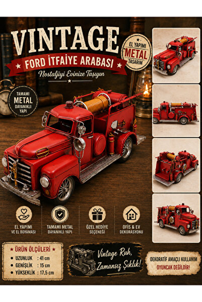 KOLAYEV Vintage Ford İtfaiye Arabası Dekoratif Metal Obje – El Yapımı Eskitme...