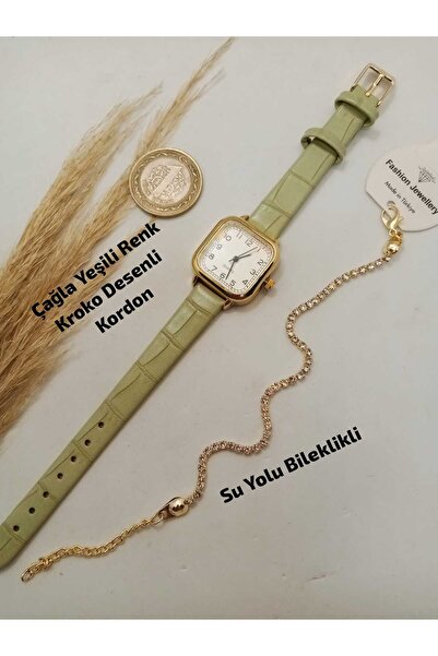 Brality موديل كلاسيكي عتيق الطراز... حزام أخضر اللون، هيكل ذهبي اللون - ساعة ...