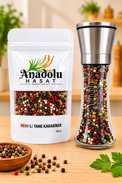 ANADOLU HASAT Renkli Tane Karabiber 100 Gr + Metal Kapaklı Cam Seramik Öğütüc...