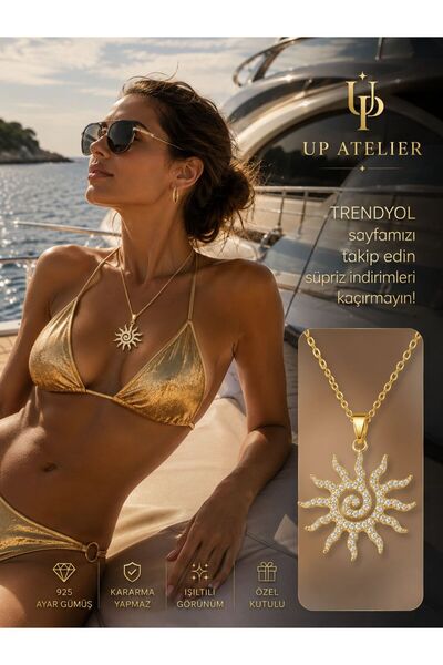 Up Atelier 925 Ayar Gümüş İthal Zincirli Zirkon Taşlı Spiral Güneş Kolye