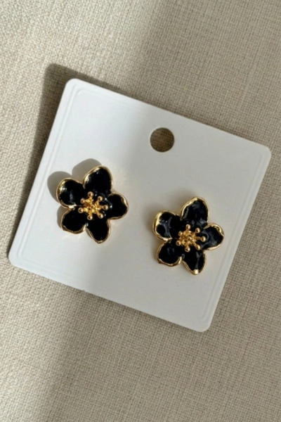 Crc Bijuteri Flower Patterned Black Color Women's Earrings