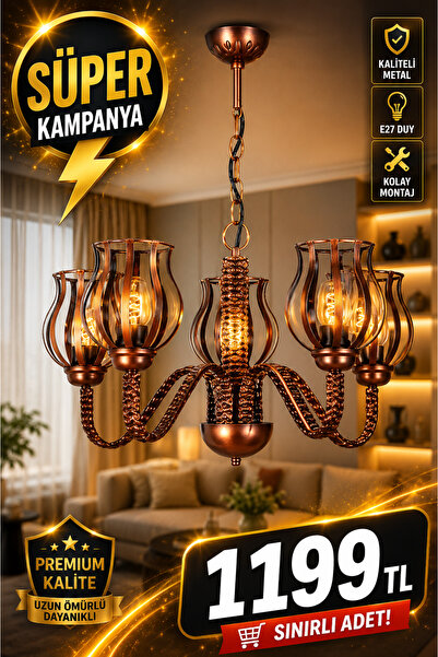 VENON Süper Muya 5 li Siyah Bakır Patine Metal Kollu Avize Salon Avizesi Mode...