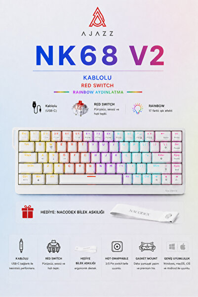 Ajazz NK68V2 Hot Swap Kablolu Mekanik Oyun Klavyesi- Red Switch-Bilek Askılı