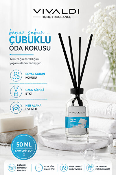 Vivaldi Home Beyaz Sabun Çubuklu Oda Kokusu 50 ml, Temiz ve Ferah Koku, Kalıc...