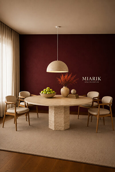 MIARIK DESIGN Yuvarlak Altıgen Ayak Traverten Mermer Yemek Masası