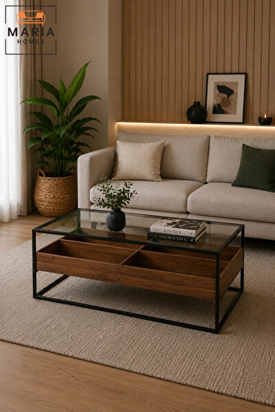 MARIA HOMES طاولة قهوة من خشب الجوز مع سطح زجاجي وإطار معدني أسود - 120×60×45 سم