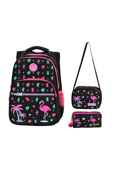 Waddell Geantă pentru școală primară cu model flamingo, cutie de prânz, supor...