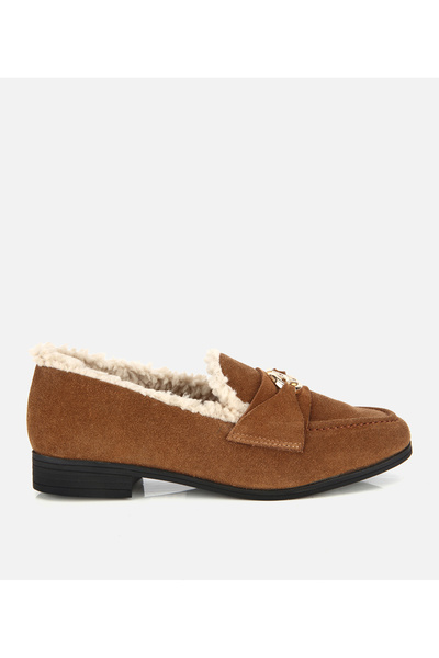 Hotiç Women's Suede Leather Tan Classic Loafer with Fur Inside