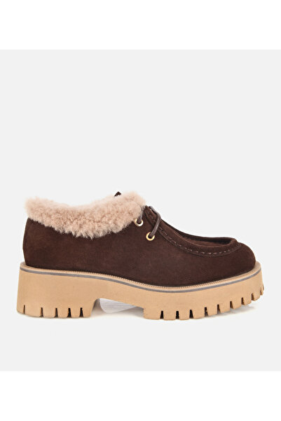 Hotiç Women's Suede Leather Brown Fur Lined Thick Sole Oxford Shoes