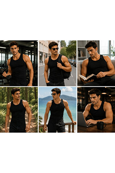 Livik Erkek Halter Yaka Slimfit Fitilli Sporcu Likralı Atlet 3'lü Avantaj Paketi Siyah Renk