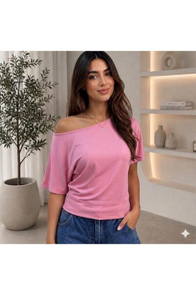 Royteks Fashion Kayık yaka Kısa kol Şık kadın Bulüz