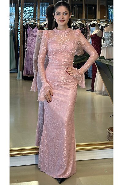 Abiyeniall Açık Pembe Uzun Kollu Düz Kesim Likralı Dantel Uzun Abiye Elbise 1...