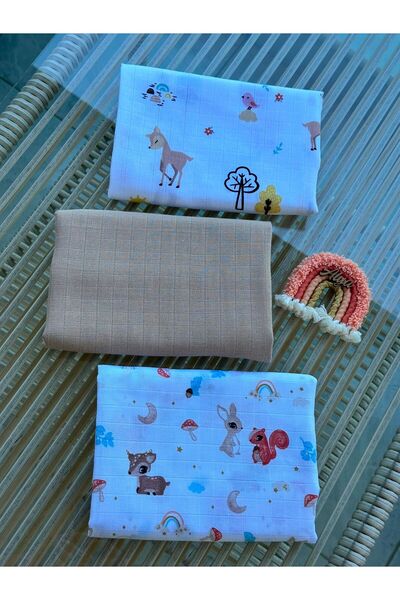 Fulya Tuhafiye 100% Cotton 3-Piece Muslin Baby Blanket Set Oeko-Tex Certified Muslin Blanket 80 X 90 cm