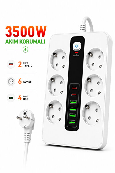 RAYLAX 6'lı Priz Çoklayıcı 4 USB + 2 Type-C Hızlı Şarjlı Anahtarlı Priz 3500W...