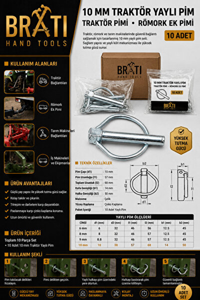 BRATİ HAND TOOLS Traktör Pimi Yaylı Pim Römork Ek Pimi 10 Mm 10 Adet