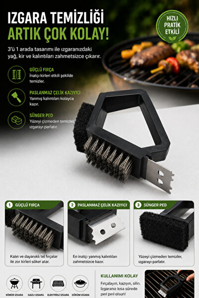 3-in-1 Barbecue Brush and Scraper, Stainless Steel Wires and Nylon Sponge 1057