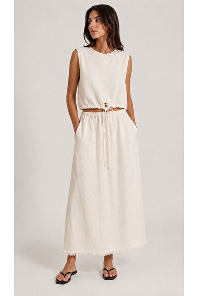 OYERGA MODA Women's 100% Linen Elastic Waist Skirt Blouse Premium Quality Set