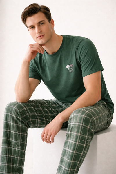 Sude HOMEWEAR طقم بيجامة رجالي بأكمام قصيرة منقوشة