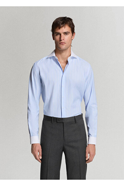 MANGO Man %100 pamuklu çizgili slim fit kumaş gömlek