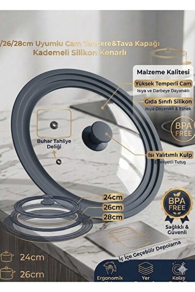 Funny Life 24/26/28 Cm Uyumlu Cam Tencere&Tava Kapağı Kademeli Silikon Kenarl...