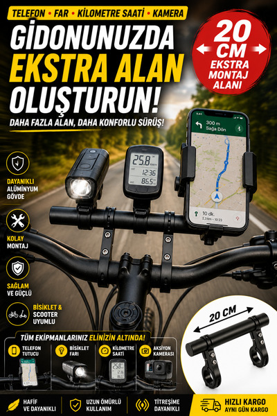 OpenCity Bisiklet Gidon Uzatma Aparatı 20 cm Telefon Far Kilometre Taşıyıcı S...