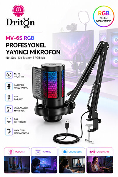 DRİTON Driton Youtuber Mikrofon Mv-6s Siyah Rgb Usb Oyuncu Yayıncı Ve Podcast...