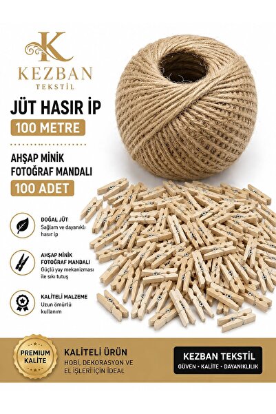 Kezban Tekstil Naturel Jüt Ip 100 Metre Ve 100 Adet Ahşap Mini Fotoğraf Manda...