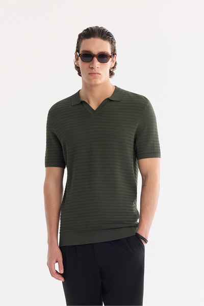 Avva Men's Khaki Polo Collar Buttonless Textured Knitwear Regular Fit T-Shirt...